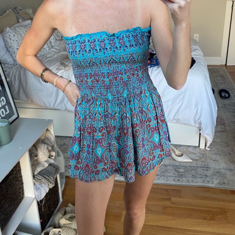 Angie Strapless Dress in Blue and Red Pattern